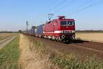 243 650-9 der Deltrarail zieht einen Containerzug durch den Landkreis Peine fotografiert bei Woltorf am 11.10.2018