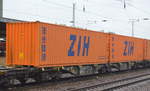 Ein Gelenk- Containertragwageneinheit vom niederländischen Einsteller RailRelease B.V.