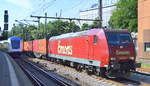 Emons Bahntransporte GmbH mit  185 513-9  [NVR-Nummer: 91 80 6185 513-9 D-EBT] und Containerzug Richtung Hambuger Hafen am 25.06.19 Bahnhof Hamburg-Harburg.