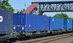 Wieder ein neuer Einsteller von neuen Gelenkwagen für den Container-Transport mit Taschenwagenteil, die Firma heißt MFD Rail GmbH, im Bild der Wagen mit der Nr.