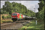 DB 193312 mit Werbung Das ist Grün verlässt hier am 25.07.2023 den Ortsbereich Hasbergen und ist mit einem Container Zug um 10.06 Uhr auf der Rollbahn in Richtung Münster unterwegs.