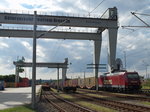 Mindestens von 10 Uhr bis 17 Uhr wartete am 30.07.2016 die abgebügelte Emons 185 513 mit Containerwaggons im Güterverkehrszentrum Dresden-Friedichstadt auf ihren Einsatz   