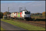 Am 4.11.2020 kam um 11.24 Uhr die DB Werbelok DAS IST GRÜN 193361 mit einem Containerzug bei Ibbenbüren Laggenbeck in Richtung Osnabrück an mir vorbei.