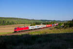 185 252 DB Cargo mit einem Containerzug bei Winterhausen Richtung Würzburg, 03.09.2021