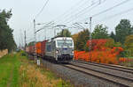 Mit einem Containerzug am Haken rollte der Metrans-Vectron 383 432 am bunten Farn in Wittenberg-Labetz vorbei Richtung Falkenberg(E).