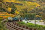 475 432 bls cargo mit Containerzug in Oberwesel, Oktober 2025.