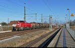 261 062-4 (Voith Gravita 10 BB) ist mit einem Güterwagen-Mix am Hp Halle Messe Richtung ZBA Halle (Saale) zugegen.