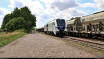 Güterverladung mit der neuen Stadler Eurodual 2159  Regelmäßig wird der Löbejüner Quarzporphyr, auch Rhyolith genannt, auf einem kleinen erhaltenen Teilstück der
