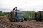 Der Fahrer des Lkw wartet darauf das er die Fracht auf die RAILTRANS-Waggons verladen kann.