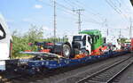 Gelenk-Taschenwagen mit Spezialaufsätzen zum Transport von LKW-Zugmaschinen vom Einsteller VTG Schweiz GmbH mit der Nr.