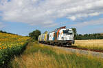 TRG 248 018 mit Leerholzzug nach Weiden (Opf) kurz vor dem Abzw Saara neben Sonnenblumen am  12.07.2026.