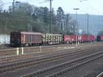 Am 03.03.11 stehen Holz Güterwagen in Mosbach Neckarelz   