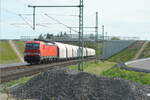 An der Dreigleisigen Ausbau der Hollandstrecke Emmerich - Oberhausen wird gearbeitet. Sü Antonieweg bei Mehrhoog ist nahezu fertig. DB 193 348 mit Kalkzug von Duisburg Wedau nach Beverwijk H. kommt am 07.04.2024 vorbei. Bild 23134.