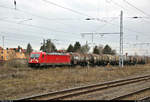 Mein erstes Bild aus dem Jahr 2019:  Kesselzug mit 187 126 DB, von der Bahnstrecke Merseburg–Halle-Nietleben (KBS 588) kommend, durchfährt den Bahnhof Angersdorf auf der Bahnstrecke