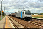 Kesselzug mit 185 691-3 der Railpool GmbH, vermietet an die HSL Logistik GmbH (HSL), durchfährt den Bahnhof Rodleben auf der Bahnstrecke Trebnitz–Leipzig (KBS 254) Richtung Gleisdreieck.