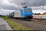 Kesselzug mit 185 526-1 der Alpha Trains Belgium NV/SA, vermietet an die BLS Cargo AG (BLSC), fährt in Tamm auf der Bahnstrecke Stuttgart–Würzburg (Frankenbahn | KBS 780) Richtung