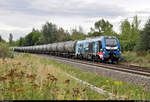 159 208-8 (Stadler Eurodual 2159) hat leere Biodiesel-Wagen auf das Übergabegleis in Halle-Trotha gebracht.