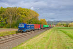192 005 EVB mit einem Containerzug bei Retzbach-Zellingen Richtung Würzburg, 23.10.2021