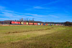 185 582 RheinCargo mit einem Containerzug bei Oberdachstetten Richtung Würzburg, 09.11.2021
