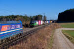 193 758 ELL mit einem Containerzug und 192 014 RTB Cargo/Northrail mit einem Altmann Autotransportzug treffen sich bei Parsberg, 23.02.2022