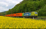 Farblich auf den Raps abgestimmt: Containerzug mit 6193 587-3 (Siemens Vectron) unterwegs am km 231,8 bei Friedland(Han) Richtung Eichenberg.