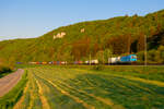 193 753 WLC  RUSHHH  mit einem Containerzug bei Dollnstein Richtung Treuchtlingen, 09.05.2022