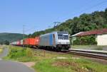 185 671 Railpool-TXL mit Containern im Maintal Richtung W�rzburg unterwegs.Aufnahmedatum 24.7.2012 bei Gambach