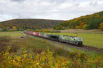 193 582 ATLU/TXL  Unser Herz schlägt grün - Our hearts beat green  und 193 852 MRCE/TXL mit einem KLV-Zug bei Harrbach Richtung Würzburg, 23.10.2021