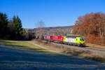 193 550 ATLU/TXL  TX Logistik & AlphaTrains - Zwei Pole mit ernomer Zugkraft  mit einem KLV-Zug bei Dollnstein Richtung Ingolstadt, 23.11.2021