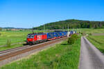 1293 022 �BB mit einem LKW-Walter KLV-Zug bei Oberdachstetten Richtung Ansbach, 14.05.2022