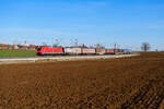 185 210 DB Cargo mit einem KLV-Zug bei Uffenheim Richtung Würzburg, 06.03.2021