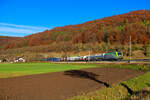 1016 014 ÖBB  CAT - City Airport Train  mit einem KLV-Zug bei Breitenfurt Richtung Treuchtlingen, 23.11.2021