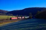 185 200 DB Cargo mit einem KLV-Zug bei Dollnstein Richtung Treuchtlingen, 23.11.2021 