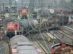 Ein Blick von der Fussgngerbrcke in Bischofsheim durch das Gewirr der Oberleitung, welches fast wie ein Spinnennetz anmutet, auf das Gleisfeld des Rangierbahnhofs. Mehrere 294 stellen hier am 01.03.2013 angekommene Gterzge neu zusammen.