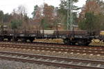Drehgestell-Flachwagen mit Seitenborden der Bauart Remms 665 (31 80 3948 621-8 D-DB) am 17.02.2018 in Nassenheide.