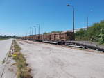 Mit Holz beladene Snps Wagen,am 02.Juni 2017,in Greifswald Ladebow.
