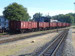 Mehrere Es Wagen brachten Kohle an den Kohlebansen nach Putbus.Aufnahme vom 14.Juni 2019 in Putbus vom Bahnsteig aus.