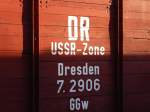Aufschrift eines rekonstruierten Schmalspurgterwaggons im Bahnhof Bertsdorf (Zittauer Schmalspurbahn)