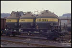 Werbung auf Güterwagen war auf Fahrzeugen der DR selten zu beobachten. Dieser Wagen mit Plaste aus Schkopau stand am 29.3.1991 im Bahnhof Bad Salzungen.