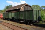 Gedeckten Gterwagen (Uk-qq/Privatwagen in Sonderbauform), Baujahr 1913, ehemaliger Privatwagen der Httenwerke Siegerland AG (spter Hoesch Siegerlandwerke), Werk Wissen, am 21.05.2011 am ehemaligen Bahnhof Niederfischbach (Asdorftalbahn).