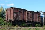 Güterwagen DR 40 50 941 1150-8 Materialkurswagen des RAW Berlin-Tempelhof (Info: Drehscheibe Online) der Eisenbahn-Bau- und Betriebsgesellschaft Pressnitztalbahn mbH in Espenhain bei Leipzig 16.10.2016