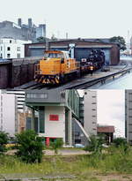 Der Düsseldorfer Hafen hat sich gewandelt: Auf dem oberen Bild stehen die DL 3 der Düsseldorfer Hafenbahn und die für Sonderfahrten zum 90.