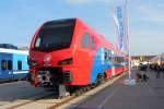 Der Aussteller Stadler Rail Group präsentiert auf der InnoTrans am 28.09.2014 in Berlin den Elektrotriebzug FLIRT 3 für die nationale Bahngesellschaft Serbiens, Železnice Srbije