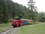 Ferienlandeisenbahn Crispendorf,
EA44-01 kmpft sich den Berg am Lokschuppen hinauf.
September 2003