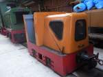 Blick in den Lokschuppen der Feldbahn Guldental: da steht ganz hinten eine orange Feldbahnlokomotive, eingemauert zwischen vielen anderen Loks.