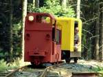 Fototermin bei der Lichtenhainer Waldeisenbahn,die Elektro Grubenlok auf der Strecke unterwegs.