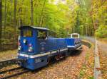 Parkeinsenbahn Gera 399 312-8 mit einem Zug aus dem Bahnhof Martinsgrund, am 22.10.2015 im Bahnhof Wolfsgehege.