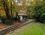 Der Startbahnhof Rosenhag der Parkeisenbahn Bernburg, am 23.10.2020.