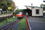 Parkeisenbahn Vatterode EL 9-002  am 30.09.2023 beim umsetzen im Bahnhof Wippergrund. 