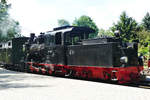 06. August 2017, Auf dem Betriebshof der Muskuer Waldeisenbahn steht Lok 99 3462 vor dem Zug nach Kromlau zur Abfahrt bereit. Die Lokomotive war bis zur Betriebseinstellung auf der Strecke Friedland–Anklam im Einsatz. Im November 1971 wurde sie nach Wales verkauft. 1978 kam sie zur Dampf-Kleinbahn Mühlenstroth. Seit Oktober 2012 ist die Lokomotive bei der Waldeisenbahn Muskau beheimatet und wurde vor Ort in ein historisches korrektes Erscheinungsbild zurück gebaut. 